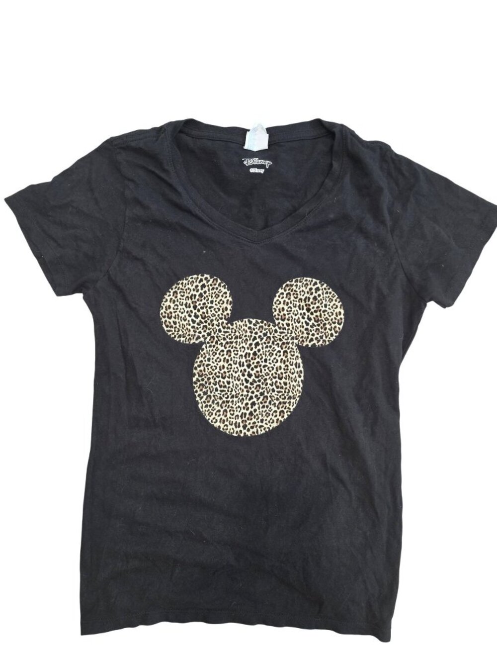Disney Black T-Shirt With Leopard Print Mickey Mouse Head Ladies Size S